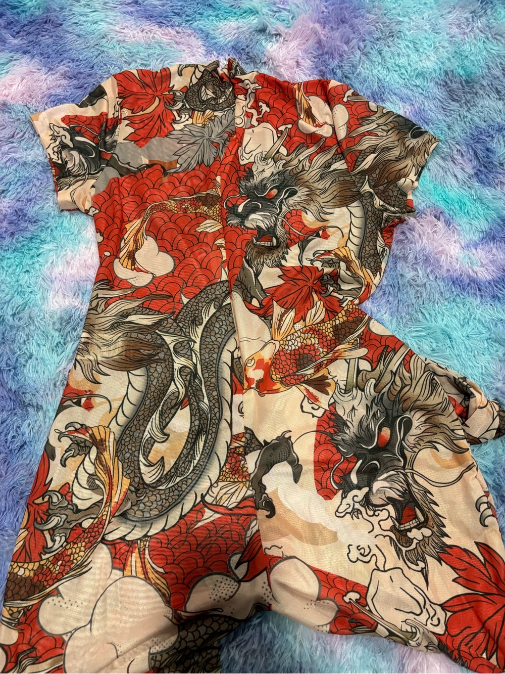 Dragon & Koi Print Short Sleeve Button Romper - Red, Cream, Black